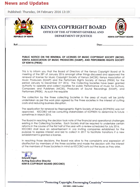 KECOBO Public Notice on Renewal Registration License KAMP PRISK MCSK KOPIKEN February 2016 Collecting Society Kenya Copyright Board