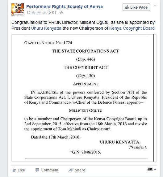 PRISK Director Millicent Ogutu Kenya Copyright Board KECOBO Board Appointment Gazette Notice March 2016 Chairperson Uhuru Kenyatta