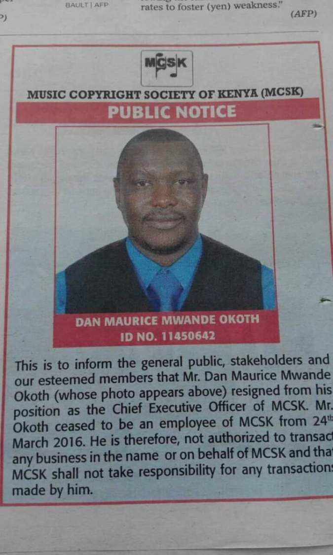 MCSK Maurice Okoth Public Notice Resignation Newspaper Music Copyright Society of Kenya 2016