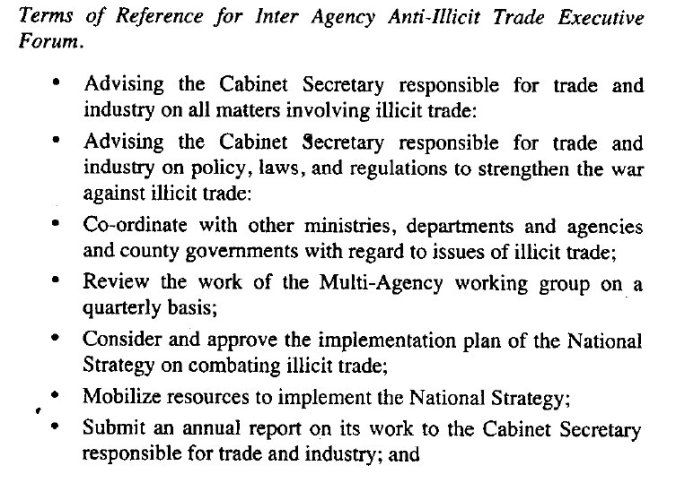 Inter-Agency Anti-Illicit Trade Executive Forum Kenya Gazette July 2018 Terms of Reference Ministry Industry